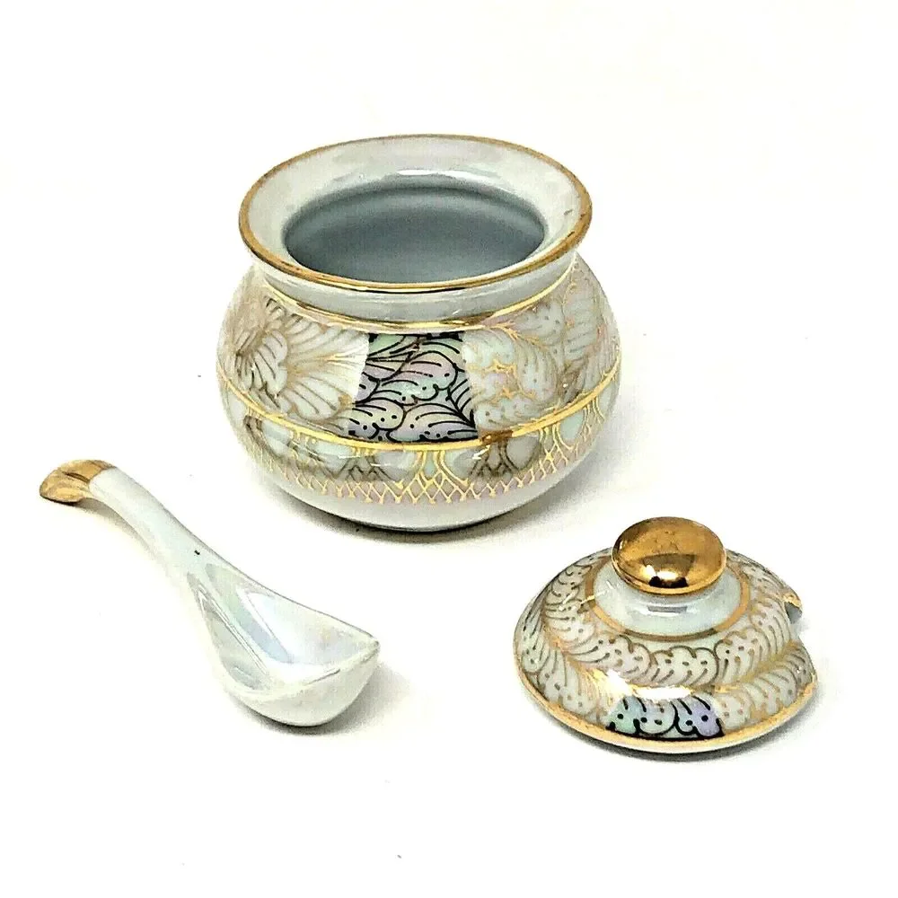 Porcelain Lusterware Serving Set VTG 4 Jam Jars w/Lids Spoons & Tray Thailand